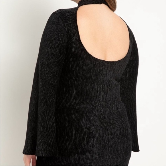 NWT Eloquii Flare Sleeve Textured Velvet Mini Dress in Black - Picture 3 of 7